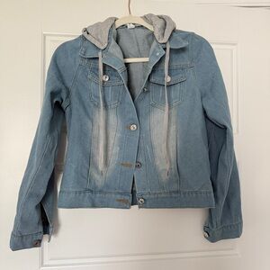 Women's Blue Denim Jacket with Gray Hood